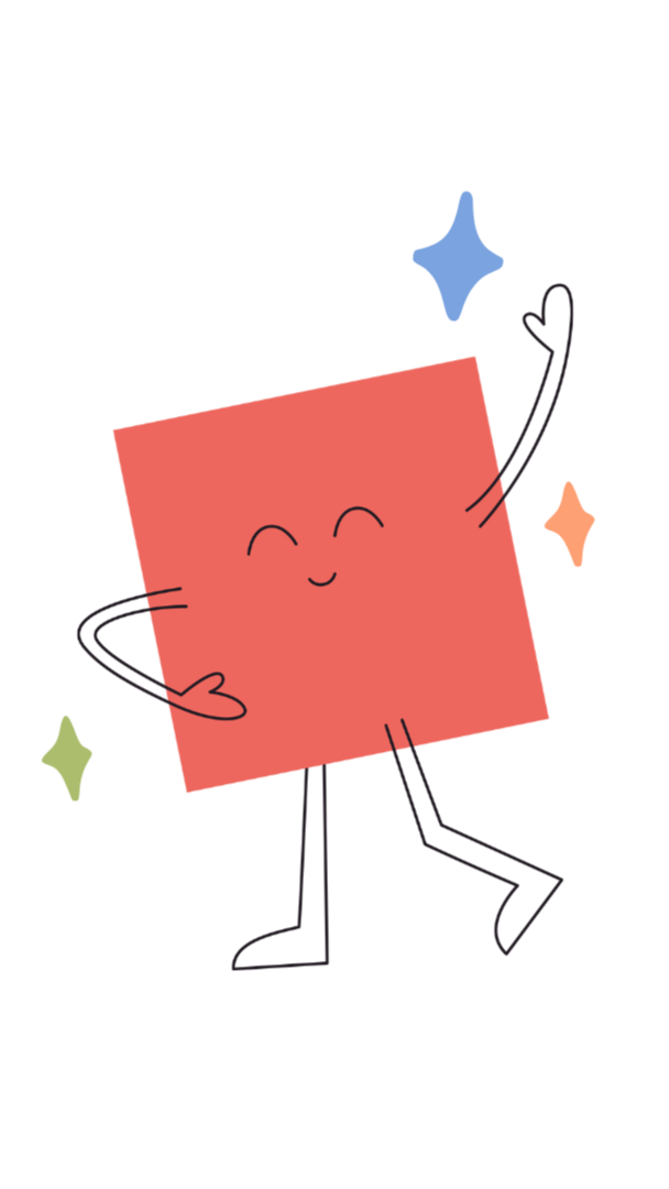 Cartoon red square character with arms and legs on a white background