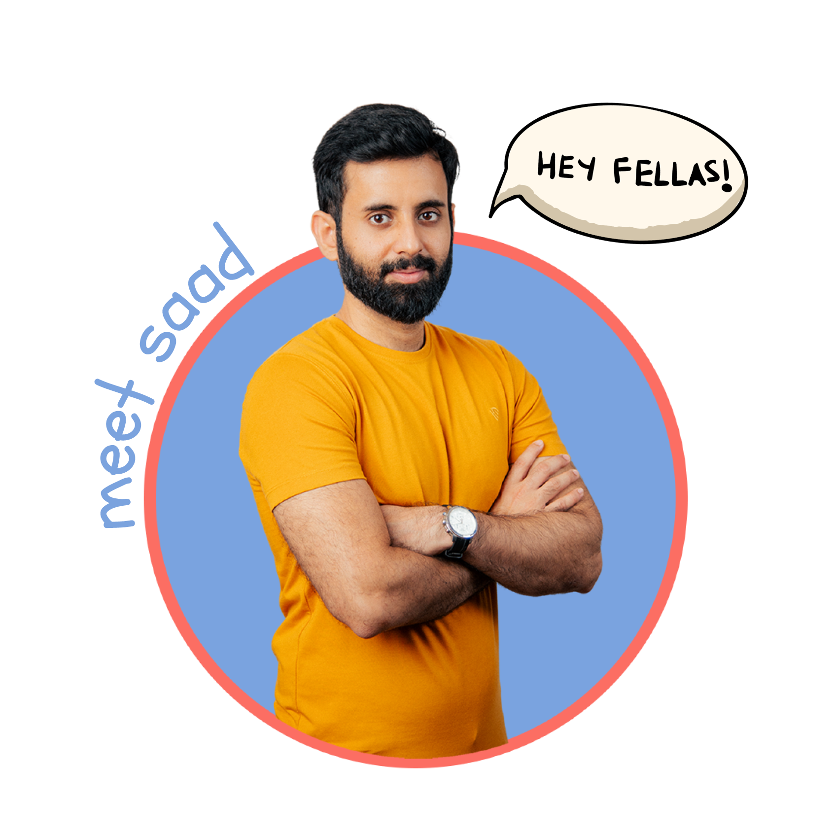 Man in a yellow shirt with a speech bubble saying 'Hey Fellas!' on a white background
