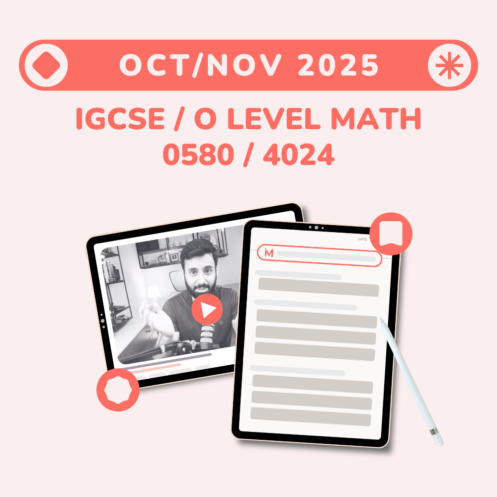 Promotional graphic for IGCSE/O Level Math exams with a tablet and video player interface.