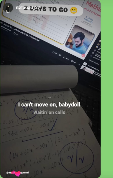 A Level Math live mock countdown screen with binomial expansion notes and countdown caption
