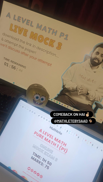 A Level Math live mock 3 stream with SpongeBob figure and iPad showing Pure Math 1 mock exam details