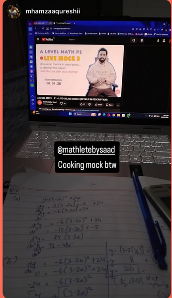 A Level Math P1 live mock exam video playing beside handwritten differentiation working, captioned cooking mock