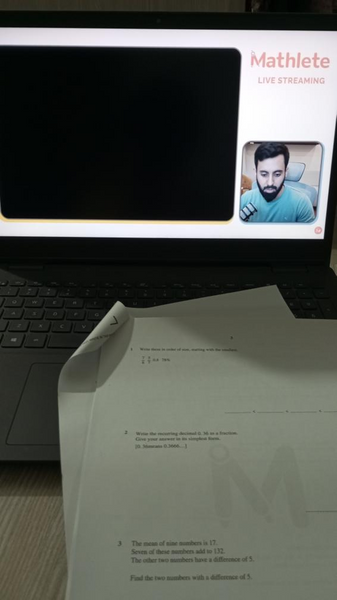 Mathlete by Saad live stream screen next to A Level Math P5 fractions and decimals practice paper