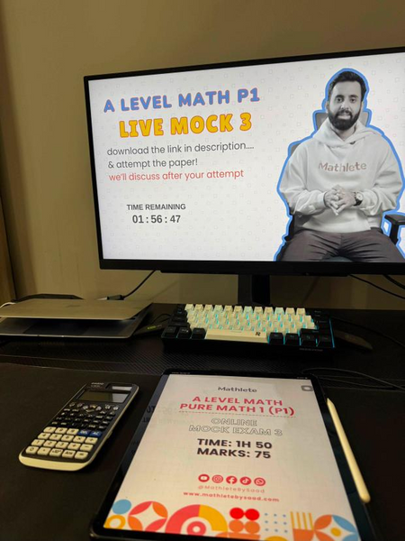 Mathlete by Saad A Level Math P1 live mock exam session setup with timer and past paper on screen