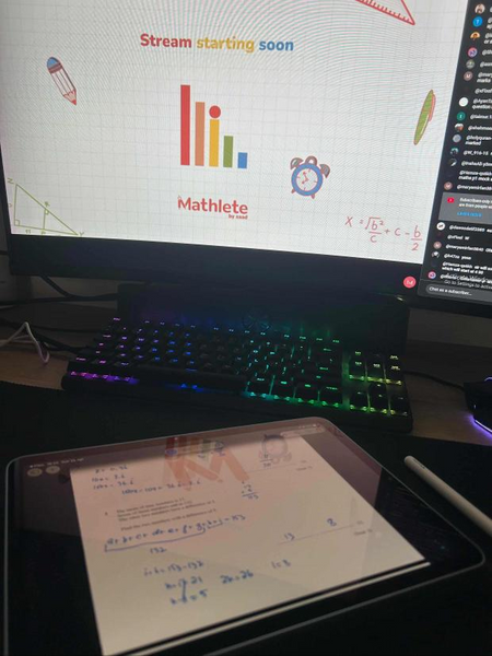 Mathlete by Saad stream starting soon screen above RGB keyboard and iPad math notes setup