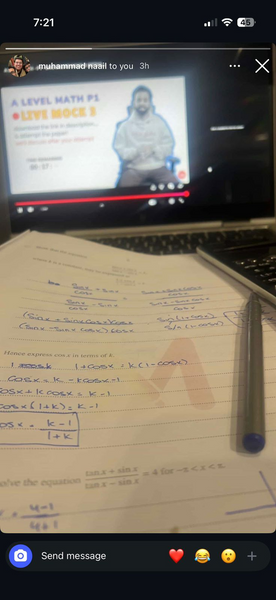 A Level Math P1 live mock 3 video with handwritten trigonometric equation solving for k