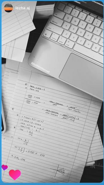 Black and white photo of A Level Math trigonometric identity working papers tagged Mathlete by Saad